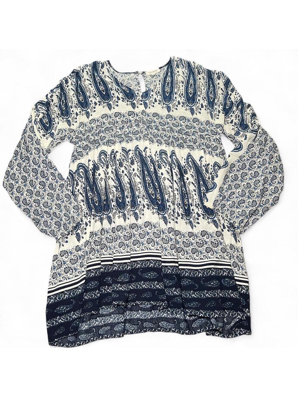 Velzera blue and white paisley print long sleeve mini dress